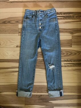 Express Women's High-Rise Button-Fly Distressed Blue Jeans